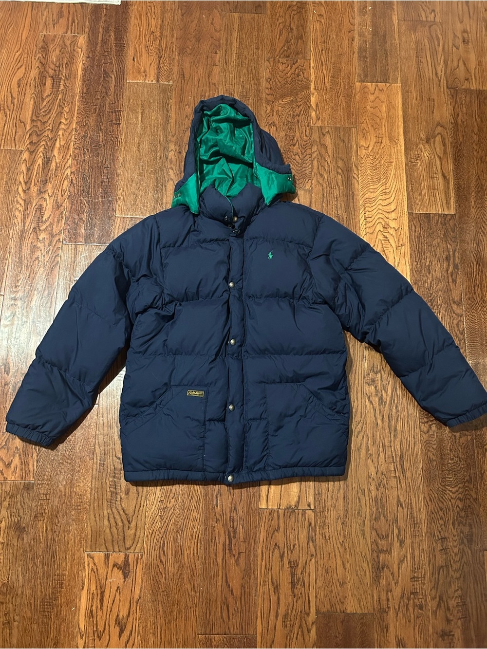 Polo Ralph Lauren Youth Size XL Puffer Coat Snap Navy Blue Hooded Winter Jacket
